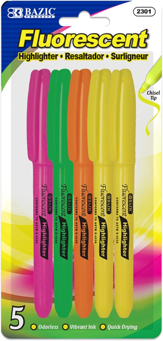BAZIC Neon Highlighter Assorted Color Pen Style, Chisel Tip Broad Fine Line Highlighters, Unscented Highlighting Coloring Marker (5 Pack),