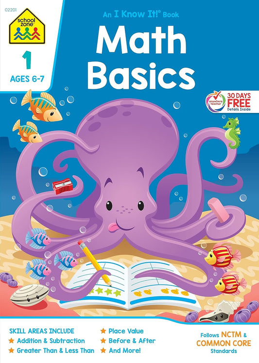School Zone - Math Basics 1 Workbook - 64 Pages, Ages 6 to 7, 1st Grade, Numbers 1-100, Identifying Numbers, Skip Counting, and More