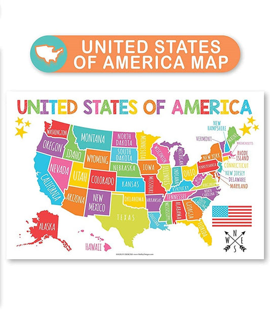 Educational Posters Laminated PreK Learning Chart USA MAP