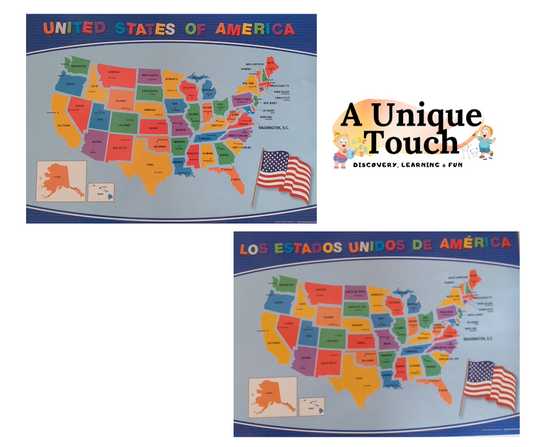 Large Educational Posters For Kids Toddlers (16.5x12 Double Sided English and Spanish) USA MAP